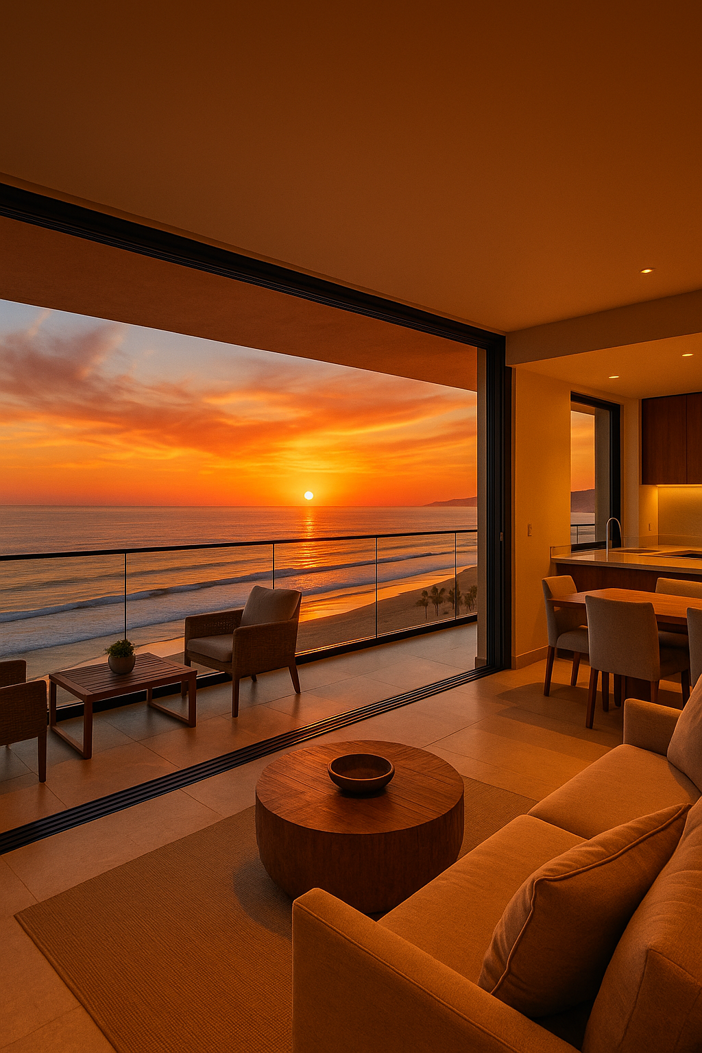 Vista panorámica del atardecer desde una residencia de lujo frente al mar en Rosarito, Baja California, parte de los desarrollos inmobiliarios de Grupo Marsan.