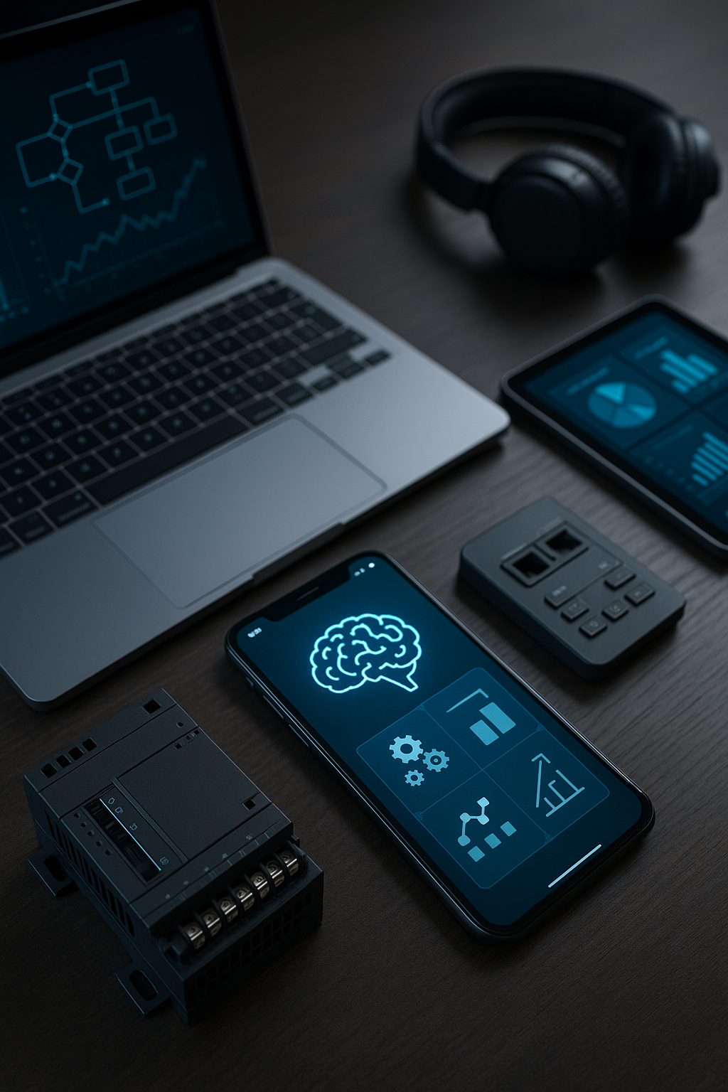 Dispositivos tecnológicos mostrando sistemas de automatización empresarial e inteligencia artificial, representando el enfoque innovador de Marco Santelices.