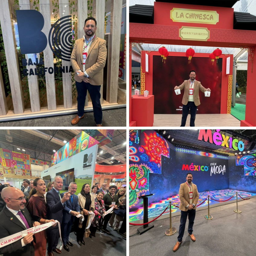 El empresario Marco Santelices en FITUR Madrid, mostrando el pabellón de Baja California, la réplica de La Chinesca y el corte de listón inaugural del estado.
