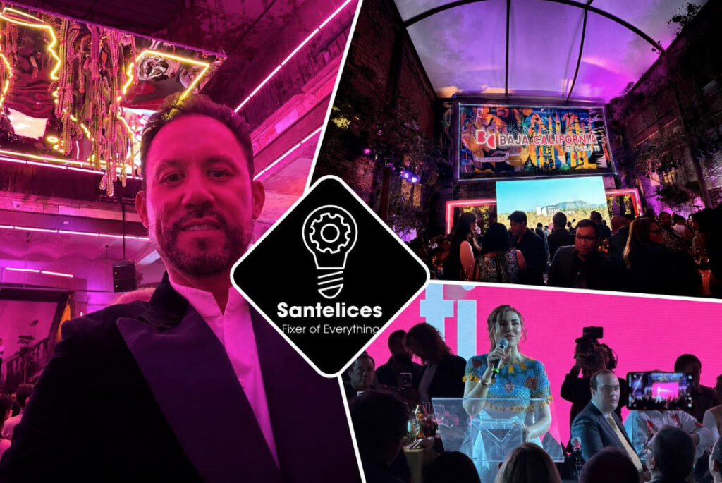 Composición fotográfica que muestra al empresario Marco Santelices en un evento con iluminación rosa; a la derecha se observa el escenario con el letrero Baja California es para ti y a la gobernadora Marina del Pilar Ávila Olmeda hablando en el podio.